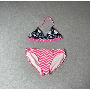 OP Girl's Pink Polka Dot & Zig Zag Print Bikini Swim Top & Bottom 2 PCS. Set